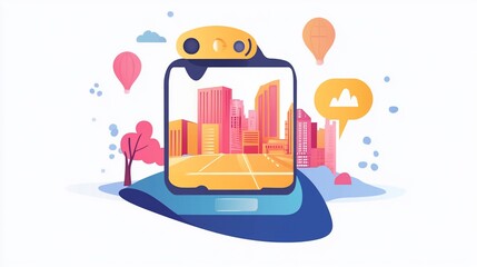 Naklejka premium Cityscape on a Smartphone Screen with Hot Air Balloons and Cloud