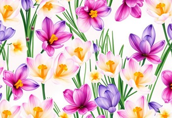 Fototapeta premium Delicate watercolor crocus blossoms in a seamless spring floral pattern on a soft background, watercolor flowers, design