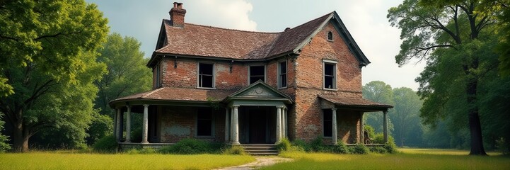 Weathered antebellum mansion, crumbling facade , landscape, house