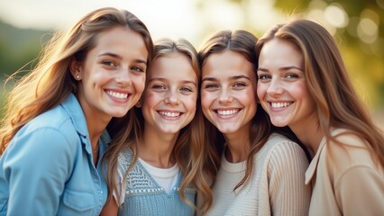 Obraz premium Group portrait of four young friends smiling in casual attire with blue, gray, white, and beige colors for lifestyle photography, advertising, social media, and print