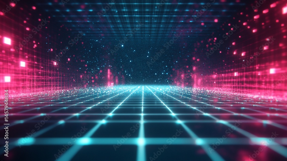 Poster abstract technological landscape with neon grid and vibrant color scheme