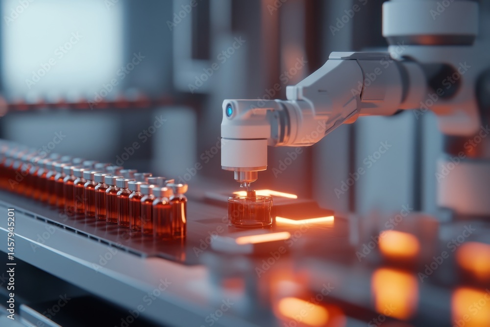Poster robotic arm fills vials on assembly line in pharmaceutical factory close up view automated process