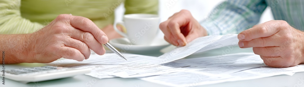 Aufkleber hands of a financial advisor gesturing while explaining tax information to a client, with various ta