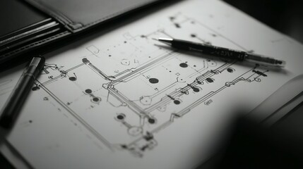 Technical blueprint design on a table top.