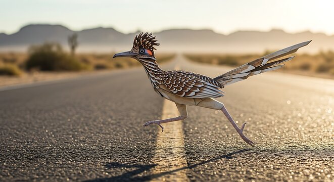 Greater Roadrunner Crossing Desert Highway at Sunrise