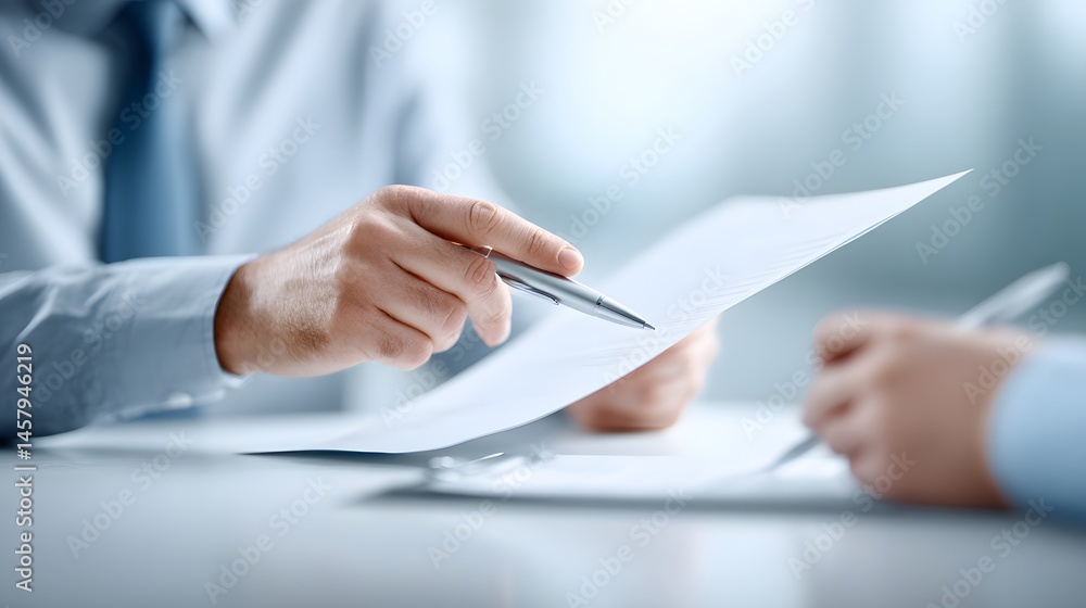 Poster a close-up shot of a financial advisor's hands holding a pen and pointing at a tax document, while a