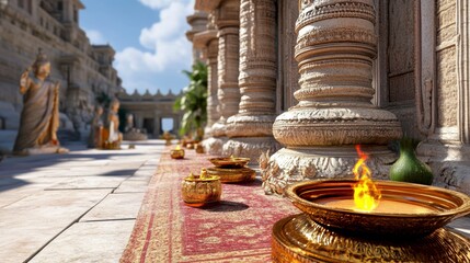 Sunlit Sandstone Temple with Golden Candle Bowls