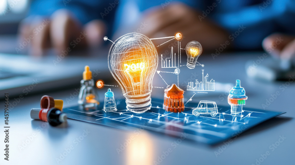 Poster glowing light bulb surrounded by digital icons represents innovation and entrepreneurship in modern 