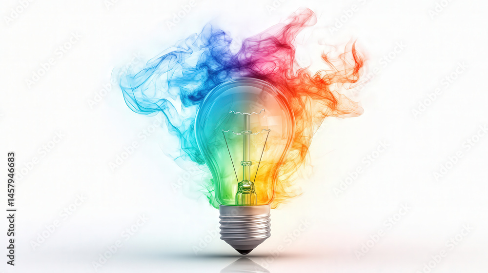 Aufkleber colorful light bulb emits vibrant smoke, symbolizing creativity and innovation. vivid hues blend sea