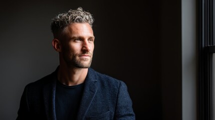 Young executive in navy blazer exudes confidence, professionalism in headshot. Modern leadership poised for success.
