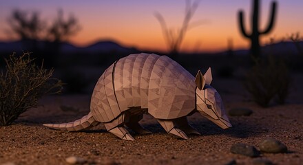 Fototapeta premium Low-poly Armadillo in Desert Sunset: Geometric Wildlife Art