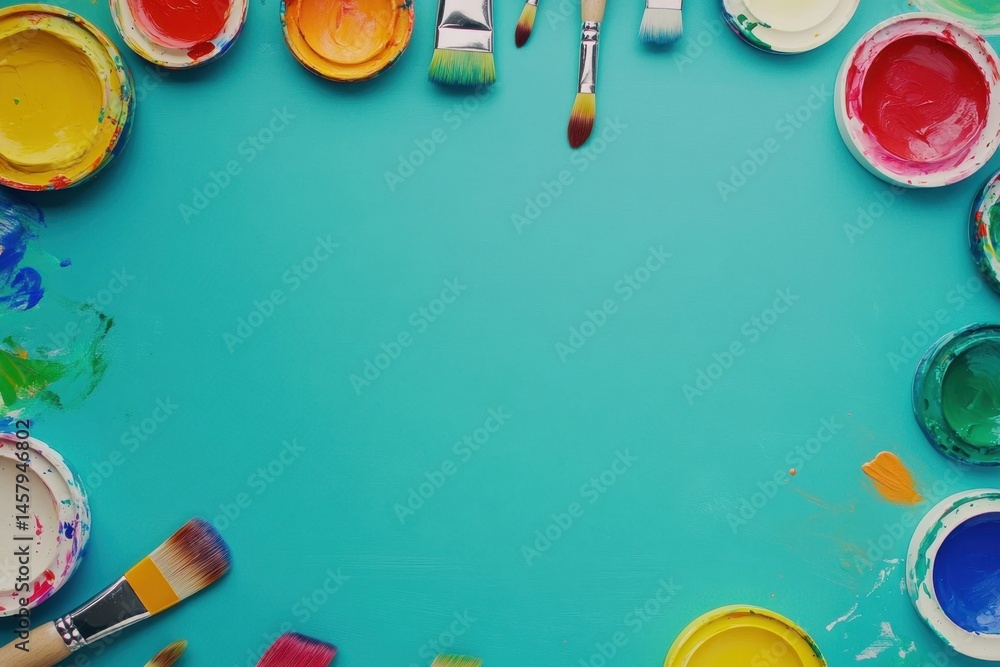 Poster top view of paintbrushes and colorful paint in containers on a blue surface for artistic creativity 