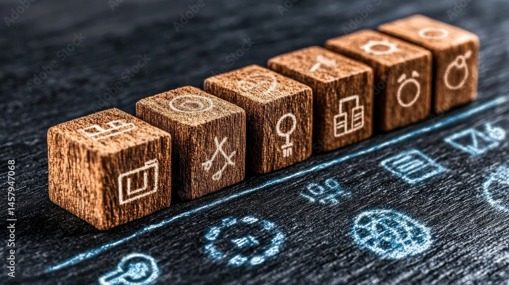 Aufkleber wooden blocks with icons representing various business concepts are arranged dark surface, symbolizi