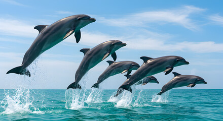 Fototapeta premium Dolphins Leaping Joyfully from Turquoise Water on a Sunny Day Under Fluffy White Clouds in the Tropical Ocean
