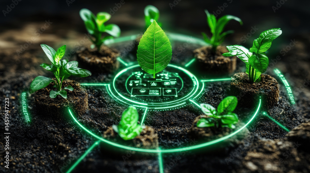 Poster Digital interface overlays group of young plants in soil, symbolizing integration of technology and nature for sustainable development and green technology