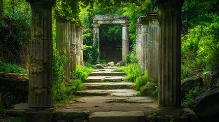 Naklejka premium Ancient Stone Ruins Pathway Overgrown with Lush Greenery