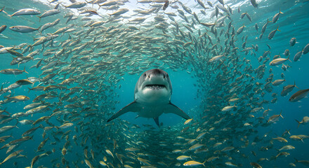 Dramatic Great White Shark Approaching Surrounded by a School of Fish Under Turquoise Ocean Water