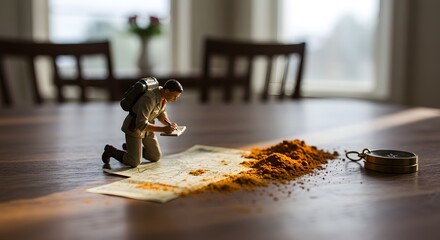 Miniature Explorer Studying an Ancient Map, Compass and Spice Dust on Wooden Table: A Journey of Discovery