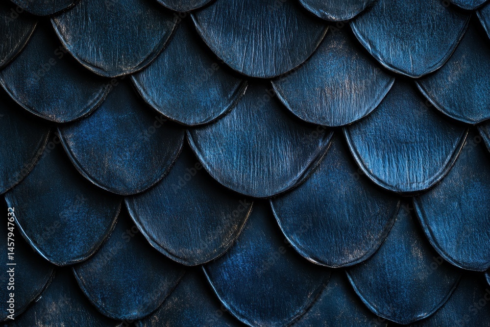 Aufkleber close up of blue metallic scale pattern forming abstract texture background in studio shot for creat
