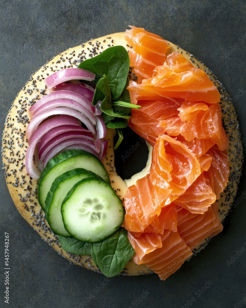 Poster overhead close up of a bagel with cream cheese salmon cucumber red onion and spinach on a dark backg