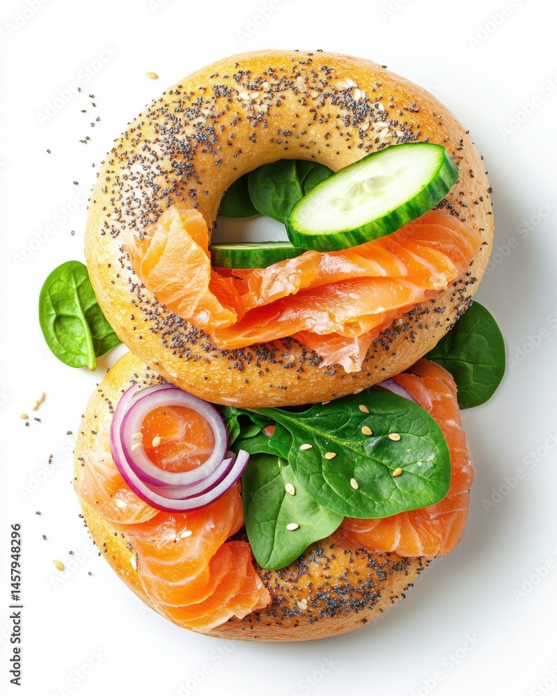 Poster two bagels stacked with salmon cucumber red onion and spinach overhead studio shot on white backgrou