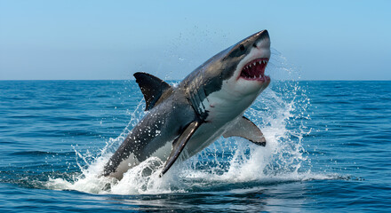 Naklejka premium Dramatic Great White Shark Leaping From Clear Blue Ocean Water Displaying Power and Aggression Near Surface Under Bright Sunlight