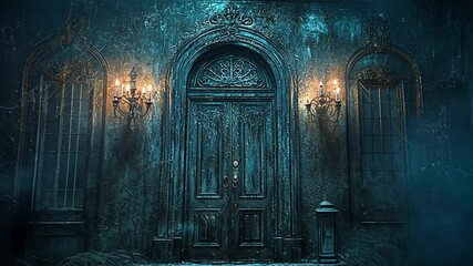 Mysterious old door in a dimly lit haunted hall