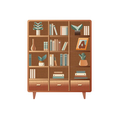 A colorful vector illustration of a wooden bookcase in flat style, shown from the front view.