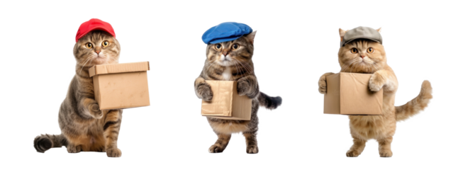 Delivery post cat wearing red cap holding cardboard box, full body standing isolate on white background