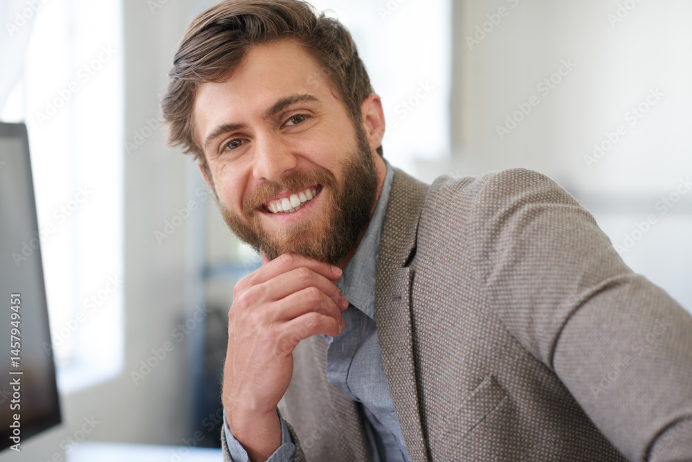 Poster pride, businessman and portrait with smile in office, startup project and management by workspace. c