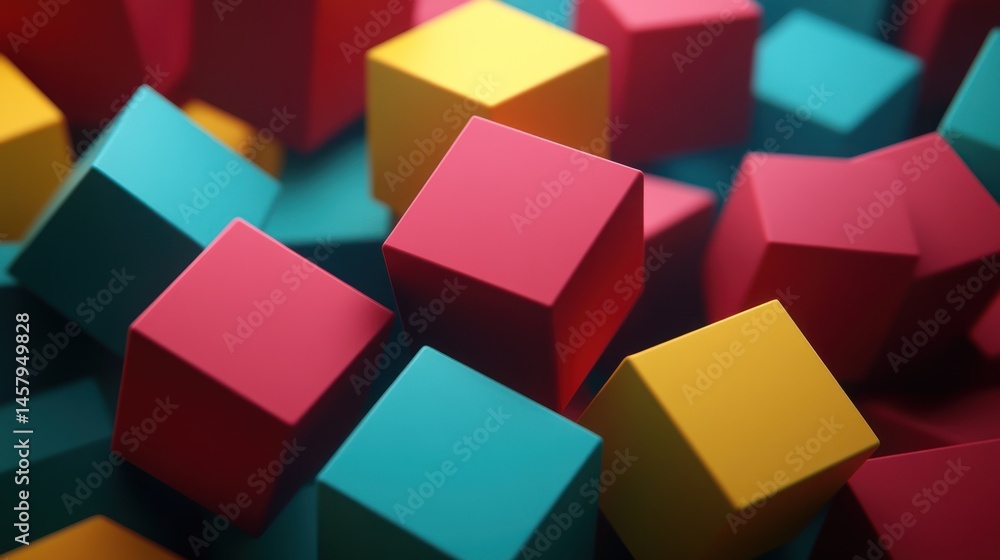 Poster abstract geometric composition with colorful cubes in dynamic arrangement