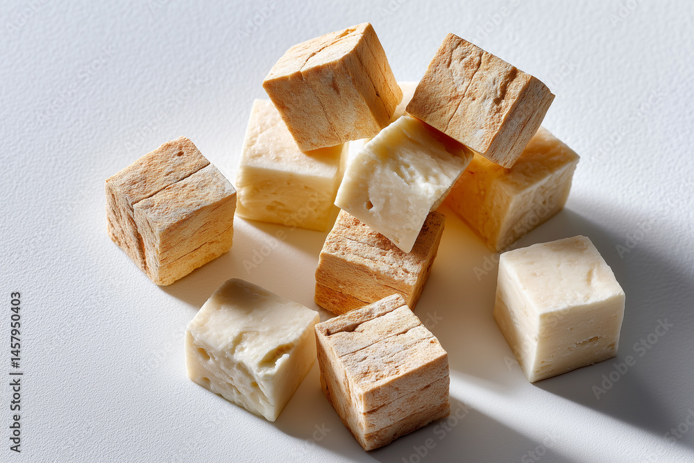 Poster dry aged cheese chunks are arranged randomly on a white background, creating a minimalist aesthetic.