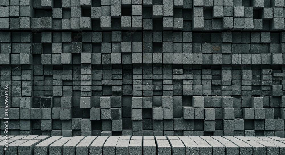 Aufkleber a textured wall and base constructed from numerous small, dark grey concrete blocks arranged in a ge