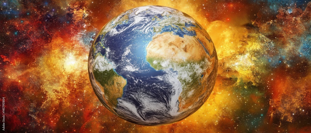 Poster earth planet floating in vivid cosmic space background with nebula and stars from space exploration 