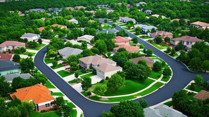 Aerial view residential neighborhood suburban houses green lawns curving streets