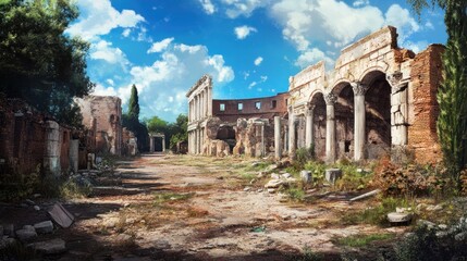 Naklejka premium Ancient ruins pathway daylight overgrown vegetation red brick white columns aged texture history concept