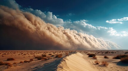 Naklejka premium Panorama sand storm with massive dust over dry desert dune concept. Stunning desert scene with dramatic clouds and sandy terrain.