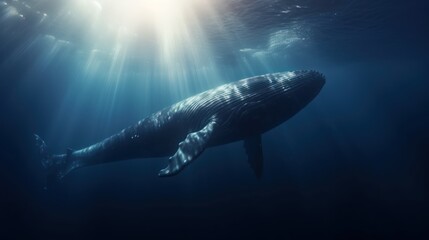 Fototapeta premium Majestic underwater whale bathed in sunlight.