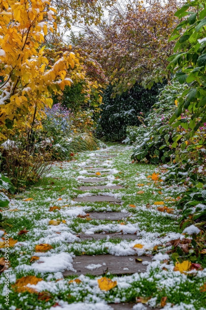 Poster snowfall in autumn garden path view of colorful leaves and green grass with stone steps in a serene 