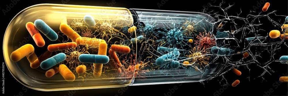 Poster symbolic representation of a cracked antibiotic pill revealing shielded bacteria and the struggle ag