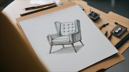 Detailed pencil sketch of a modern wingback chair.