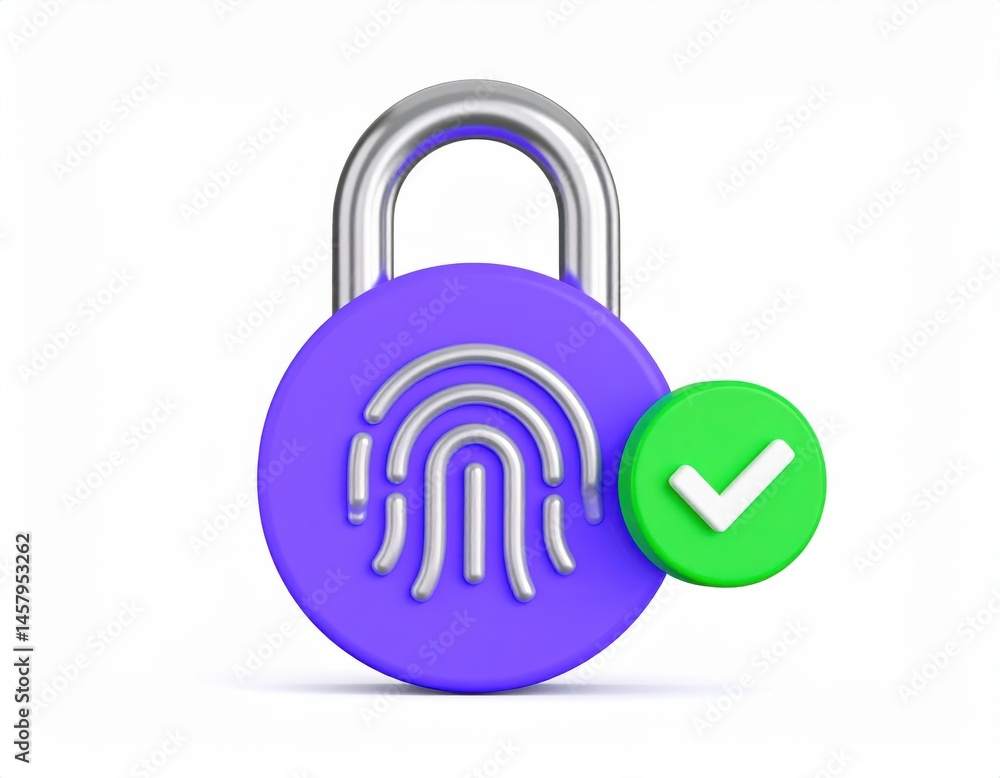 Poster a purple padlock with a fingerprint icon and a green checkmark, symbolizing biometric security and a