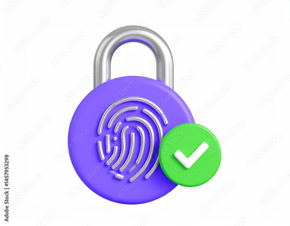 Poster a purple padlock with a fingerprint symbol and a green check mark, representing biometric security a
