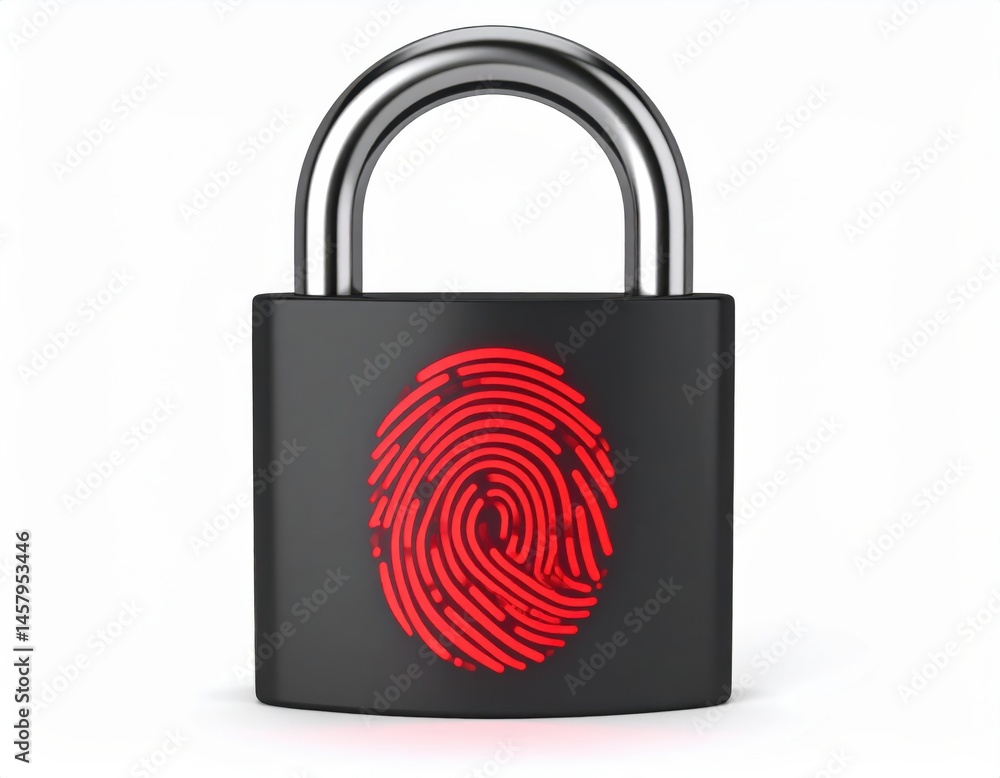 Poster a black padlock with a red fingerprint scanner on its front symbolizes biometric security and modern