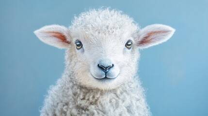 Fototapeta premium Captivating portrait of a fluffy white lamb against a tranquil blue background