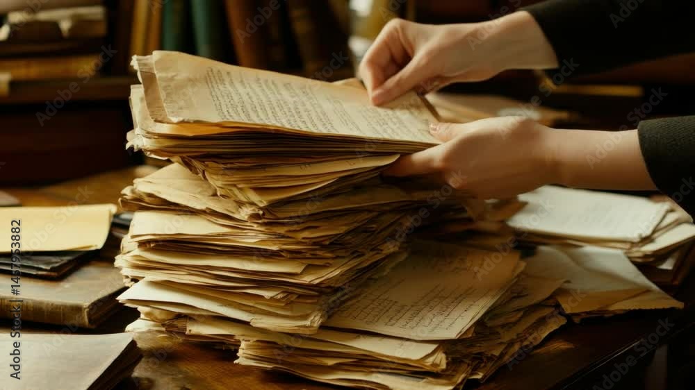Poster hands sorting through vintage paper documents and old books on a wooden table in a library setting 4