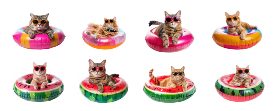 cat wearing sunglasses sitting in an watermelon inflatable ring pool isolate on white background