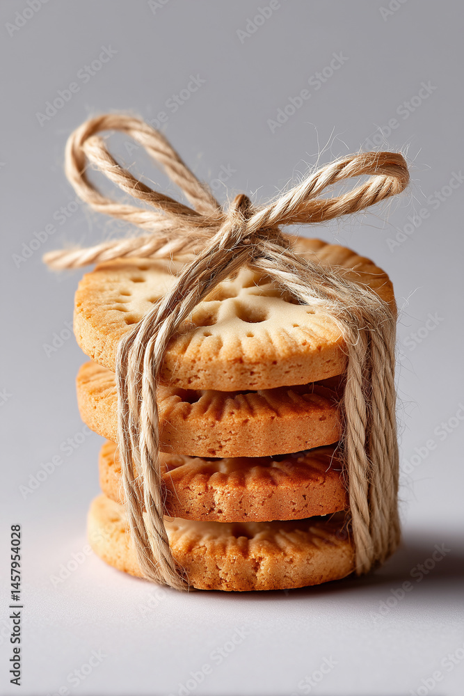 Aufkleber rustic cookies stacked in a bundle with twine creating a minimalist aesthetic. simple white backdrop