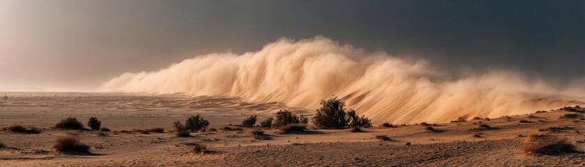 Panorama sand storm with massive dust over dry desert dune concept. Dramatic desert landscape with rising sand dunes and stormy skies.