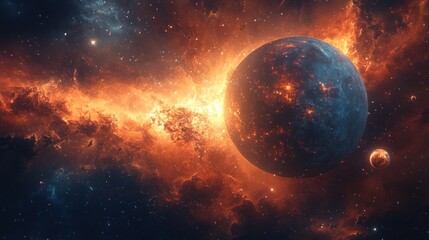 Obraz premium Fiery Cosmic Inferno: A Burning Planet's Dance in Nebula's Embrace